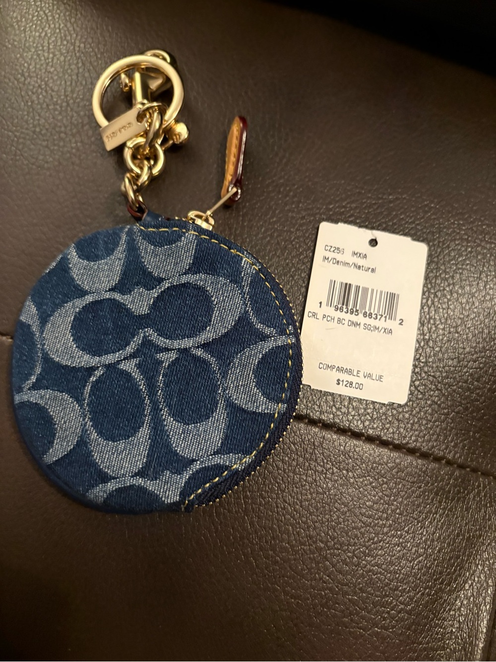 Coach Blue Denim Signature Round Coin Pouch Keychain with Gold Hardware - Picture 3 of 5